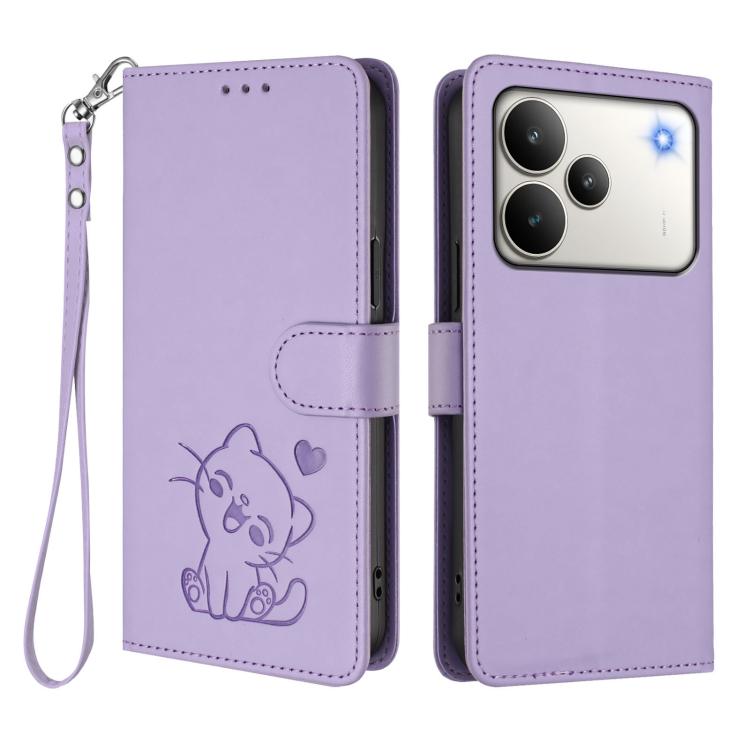 For Realme P4 5G Embossed Heart Cat Leather Phone Case with Hand Strap