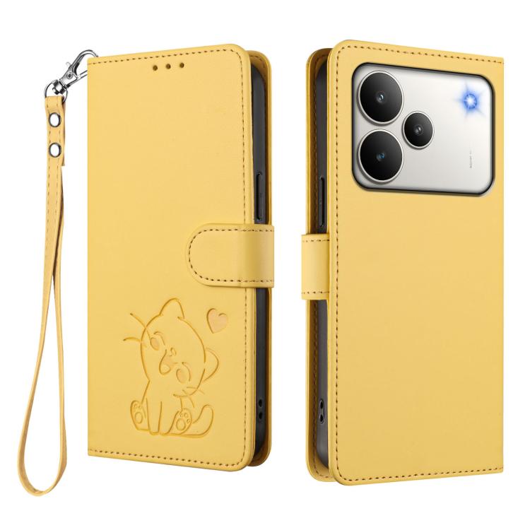 For Realme P4 5G Embossed Heart Cat Leather Phone Case with Hand Strap