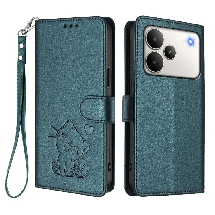 For Realme P4 5G Embossed Heart Cat Leather Phone Case with Hand Strap