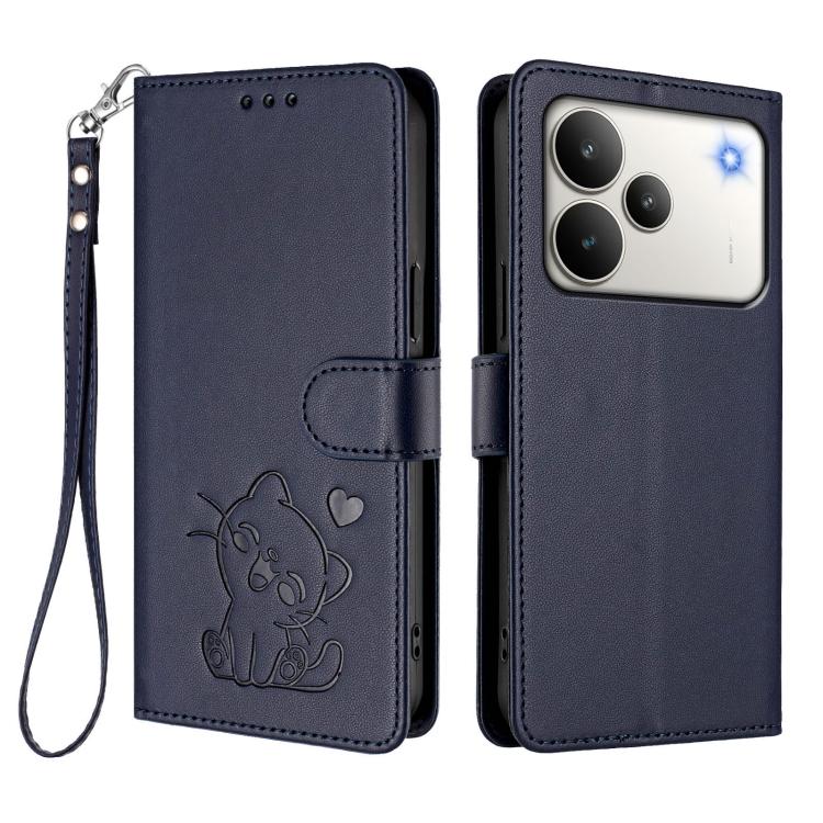 For Realme P4 5G Embossed Heart Cat Leather Phone Case with Hand Strap