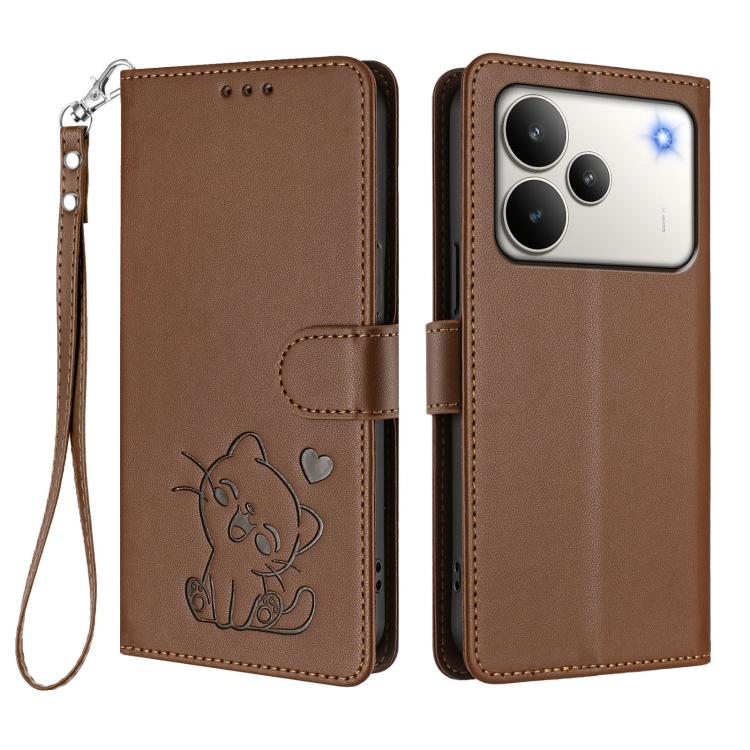 For Realme P4 5G Embossed Heart Cat Leather Phone Case with Hand Strap