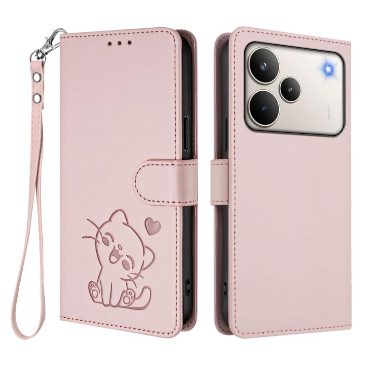 For Realme P4 Pro 5G Embossed Heart Cat Leather Phone Case with Hand Strap