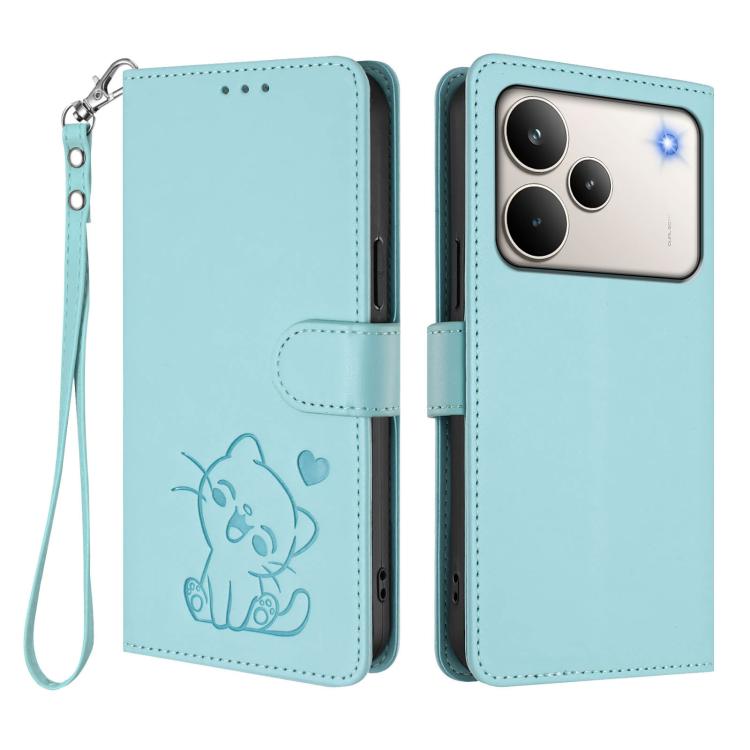 For Realme P4 Pro 5G Embossed Heart Cat Leather Phone Case with Hand Strap