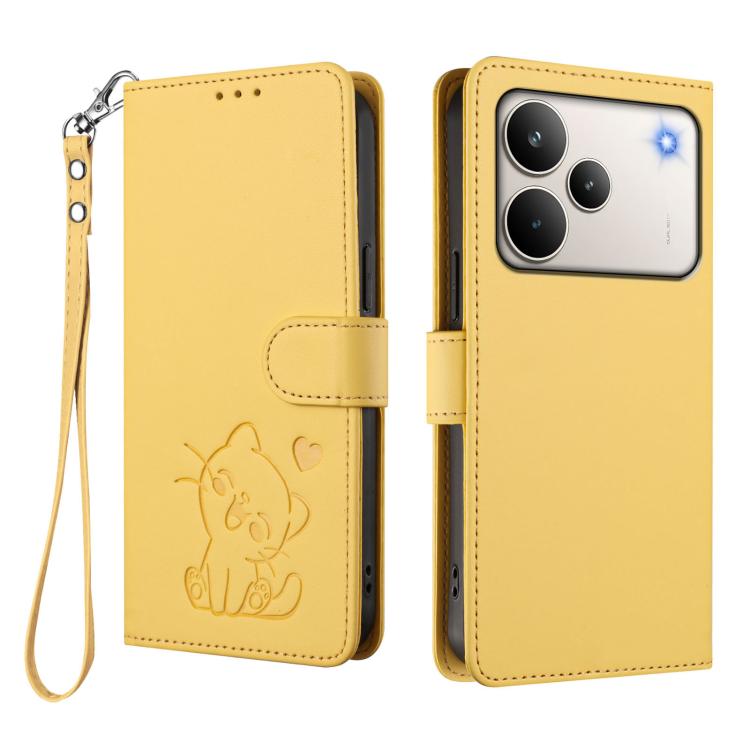For Realme P4 Pro 5G Embossed Heart Cat Leather Phone Case with Hand Strap