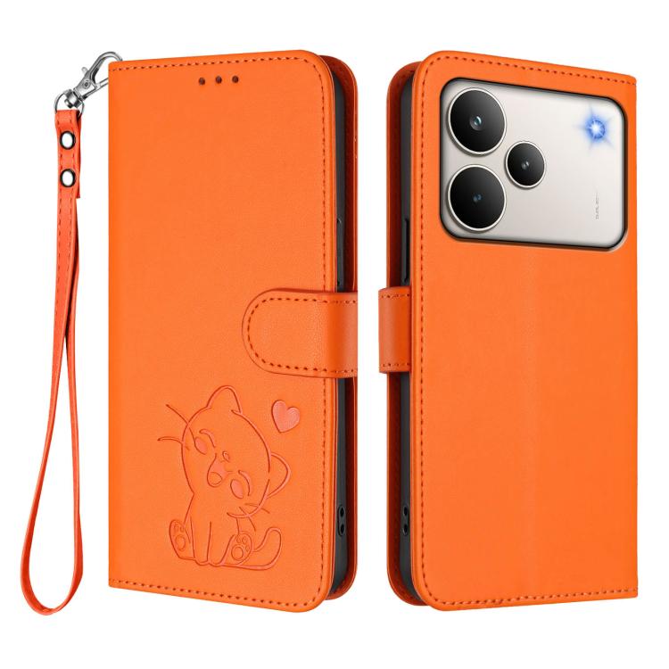 For Realme P4 Pro 5G Embossed Heart Cat Leather Phone Case with Hand Strap