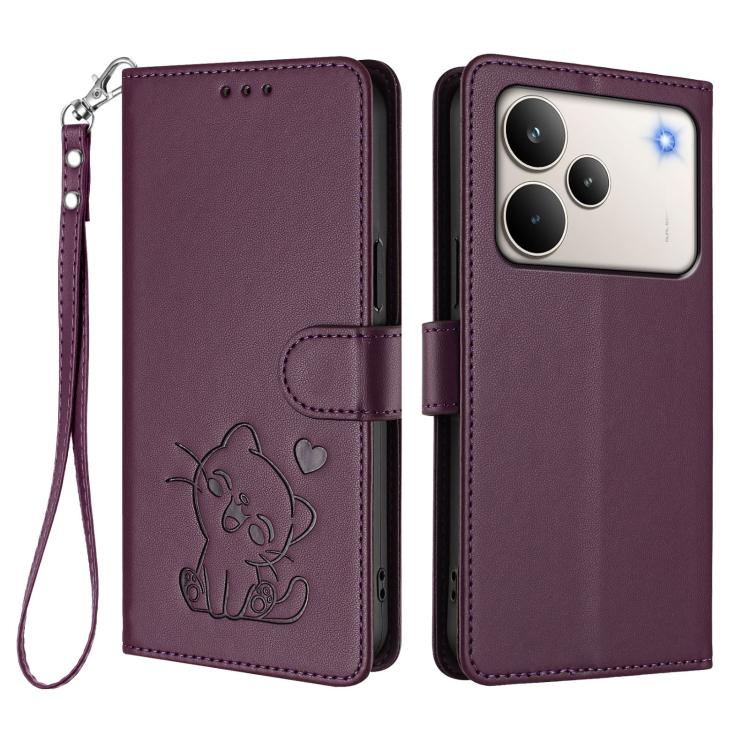 For Realme P4 Pro 5G Embossed Heart Cat Leather Phone Case with Hand Strap