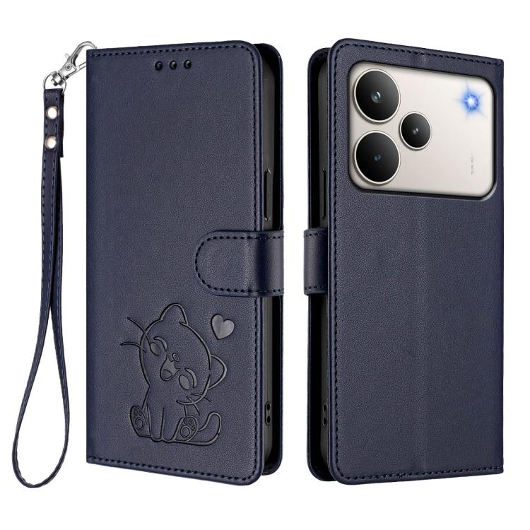 For Realme P4 Pro 5G Embossed Heart Cat Leather Phone Case with Hand Strap