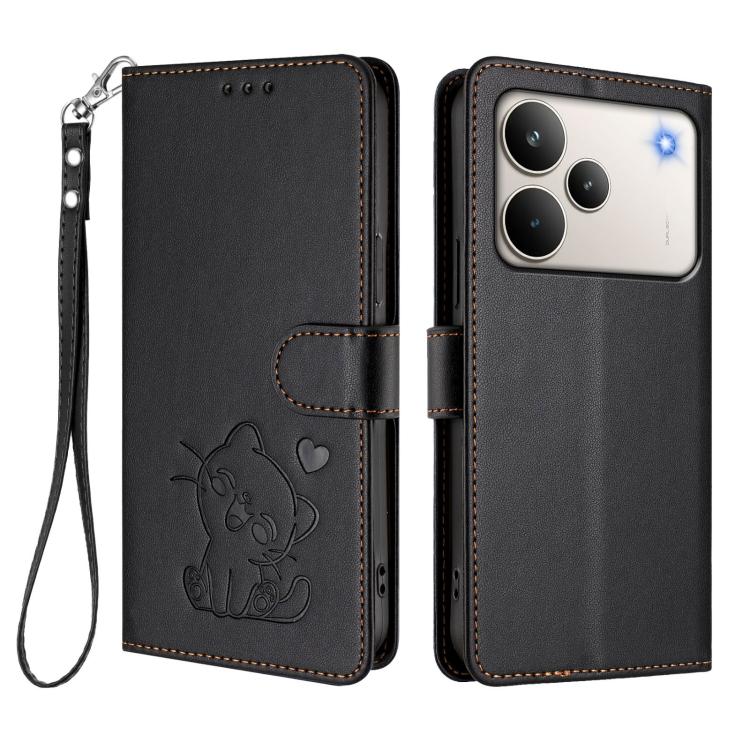 For Realme P4 Pro 5G Embossed Heart Cat Leather Phone Case with Hand Strap
