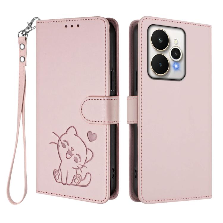 For Realme 15 / 15 Pro 5G Global Embossed Heart Cat Leather Phone Case with Hand Strap