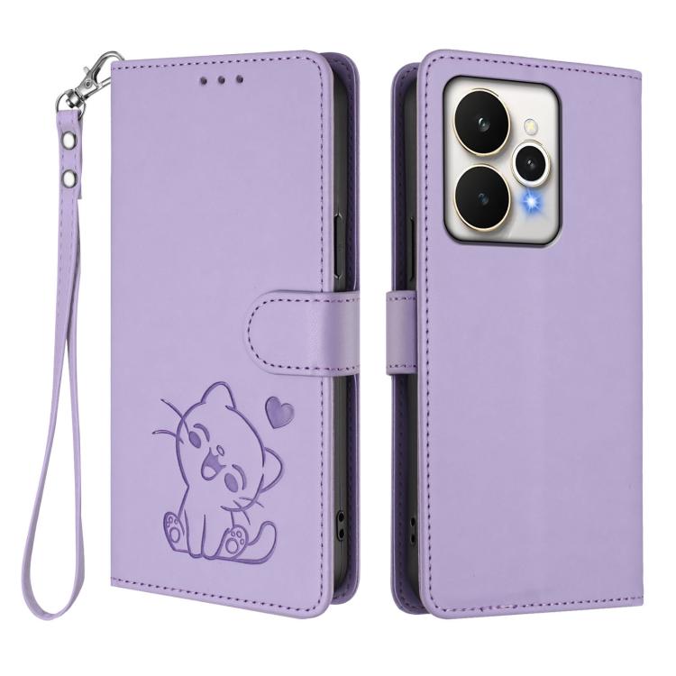 For Realme 15 / 15 Pro 5G Global Embossed Heart Cat Leather Phone Case with Hand Strap