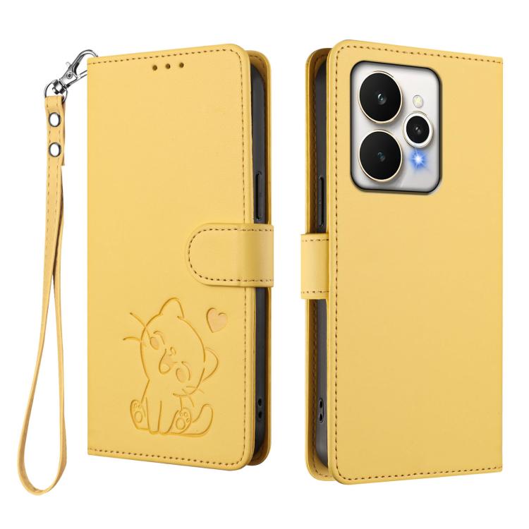 For Realme 15 / 15 Pro 5G Global Embossed Heart Cat Leather Phone Case with Hand Strap