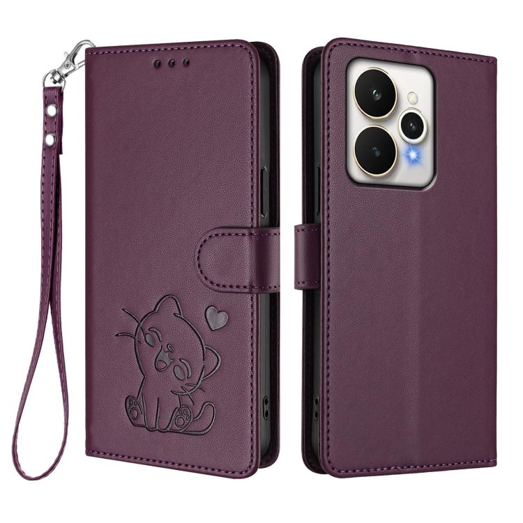 For Realme 15 / 15 Pro 5G Global Embossed Heart Cat Leather Phone Case with Hand Strap