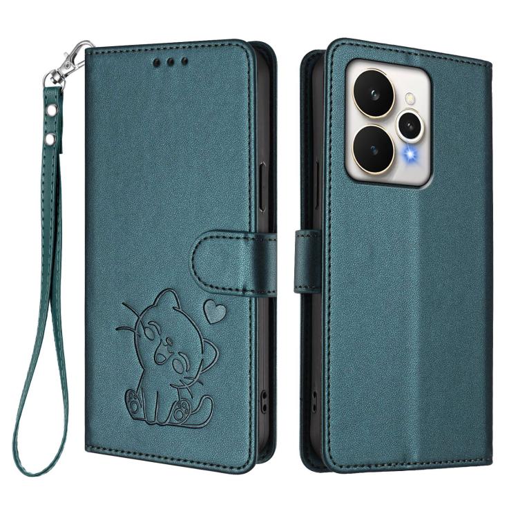 For Realme 15 / 15 Pro 5G Global Embossed Heart Cat Leather Phone Case with Hand Strap