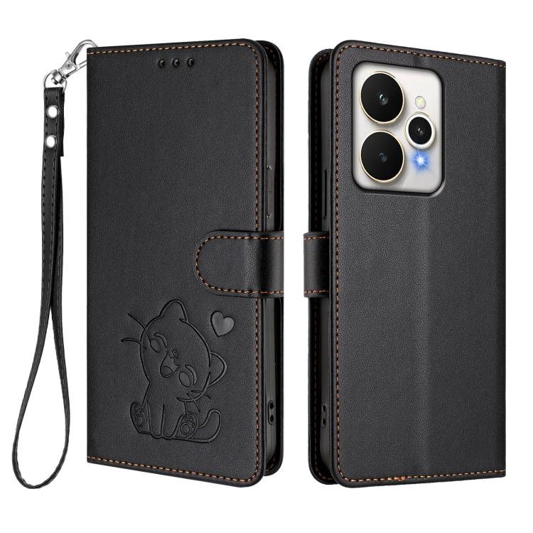 For Realme 15 / 15 Pro 5G Global Embossed Heart Cat Leather Phone Case with Hand Strap