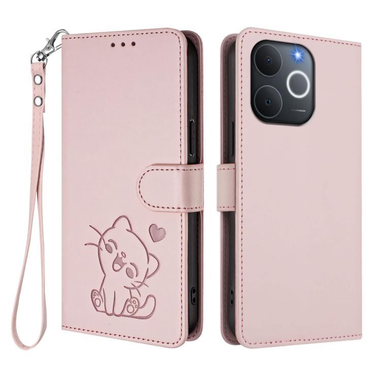 For Realme Note 70 / Note 70T 4G / C71 4G India Embossed Heart Cat Leather Phone Case with Hand Strap