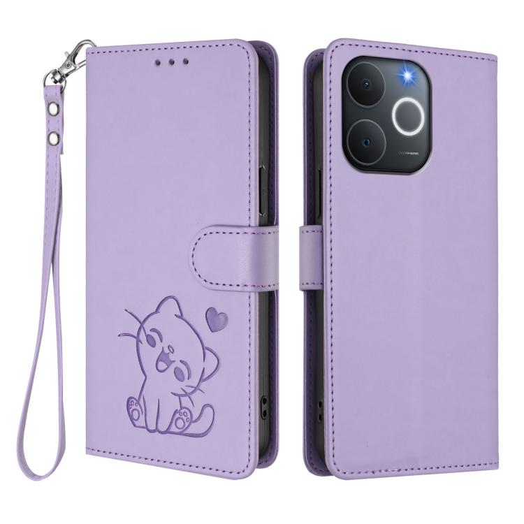 For Realme Note 70 / Note 70T 4G / C71 4G India Embossed Heart Cat Leather Phone Case with Hand Strap