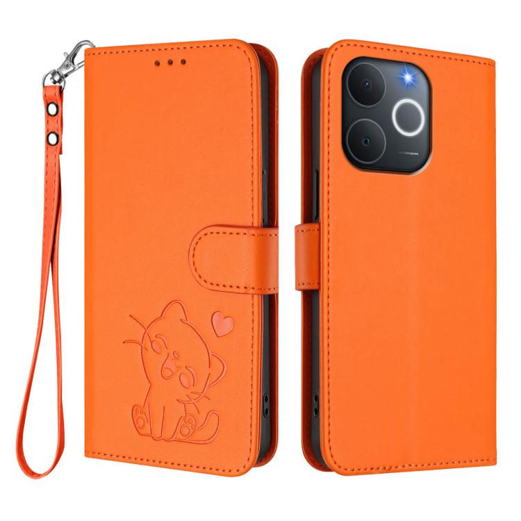 For Realme Note 70 / Note 70T 4G / C71 4G India Embossed Heart Cat Leather Phone Case with Hand Strap