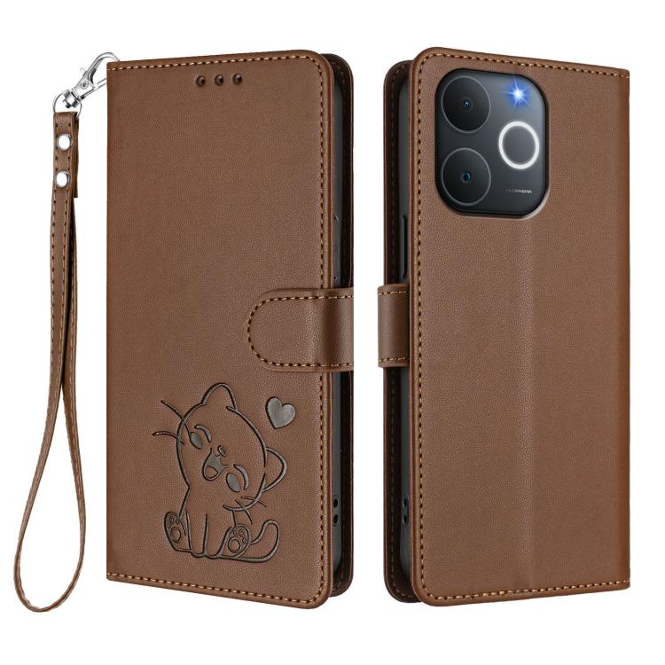 For Realme Note 70 / Note 70T 4G / C71 4G India Embossed Heart Cat Leather Phone Case with Hand Strap