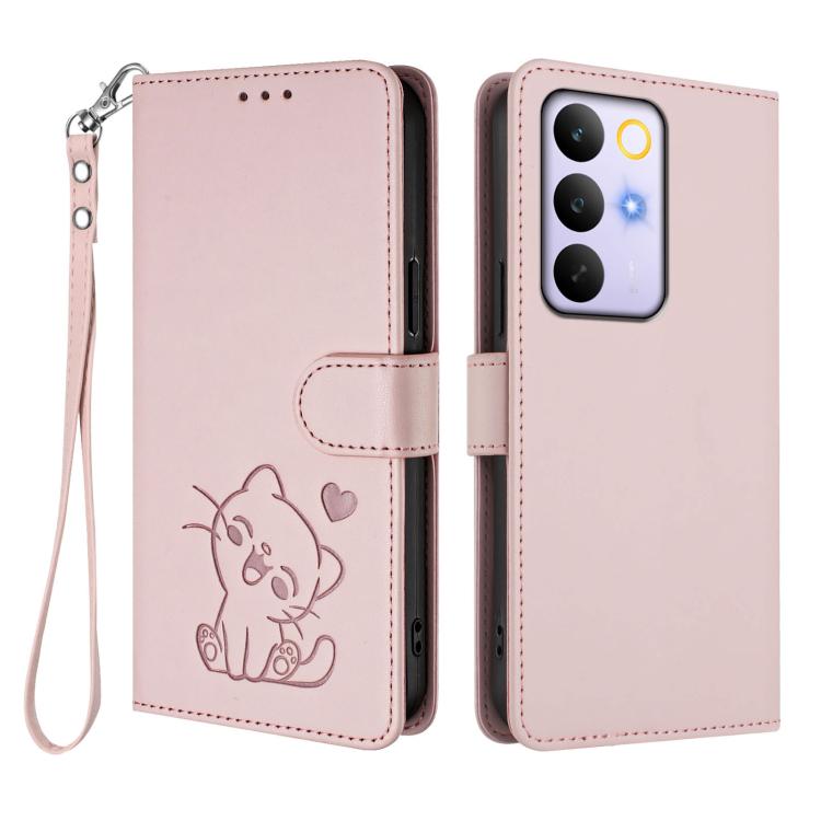 For Realme C83 5G India / C85 5G / 15x 5G Embossed Heart Cat Leather Phone Case with Hand Strap