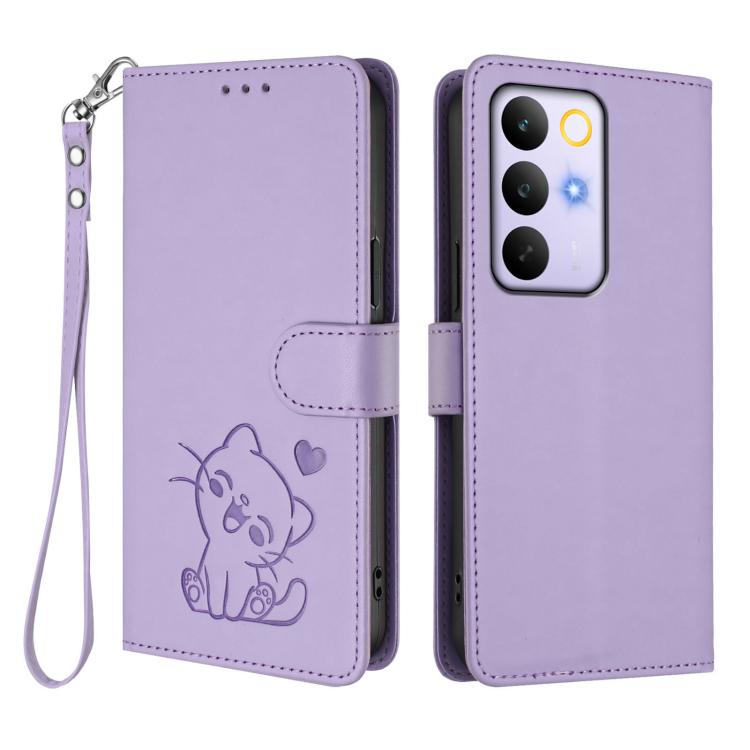 For Realme C83 5G India / C85 5G / 15x 5G Embossed Heart Cat Leather Phone Case with Hand Strap
