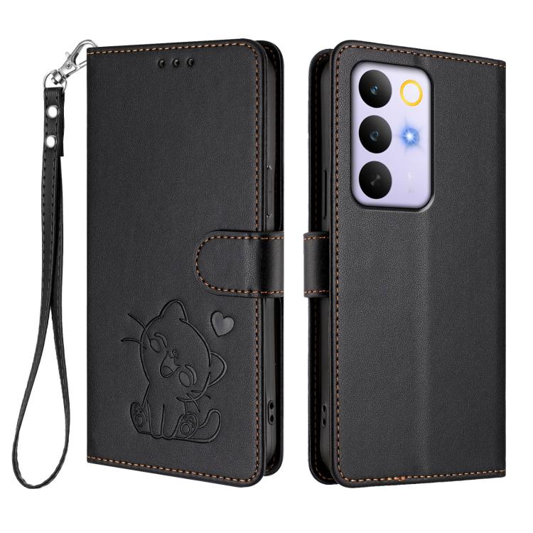 For Realme C83 5G India / C85 5G / 15x 5G Embossed Heart Cat Leather Phone Case with Hand Strap
