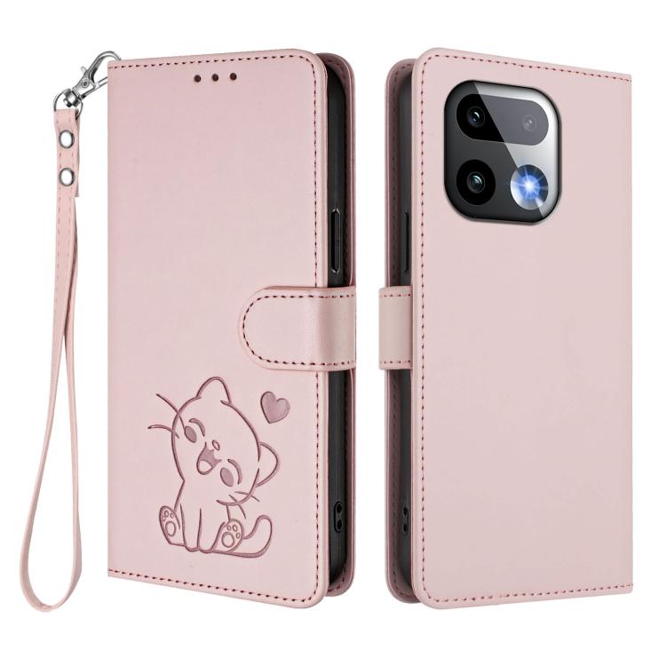 For Realme 16 Pro+ 5G Embossed Heart Cat Leather Phone Case with Hand Strap