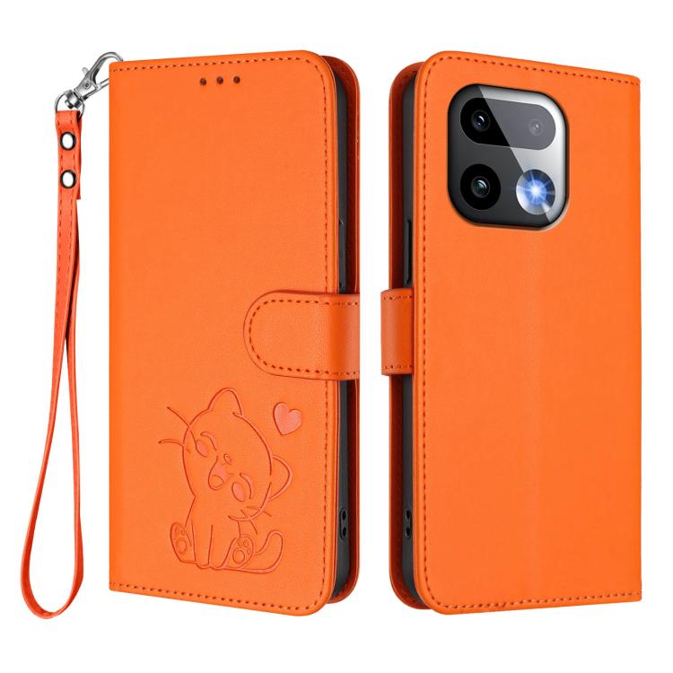 For Realme 16 Pro+ 5G Embossed Heart Cat Leather Phone Case with Hand Strap
