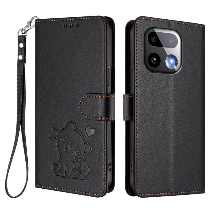 For Realme 16 Pro+ 5G Embossed Heart Cat Leather Phone Case with Hand Strap