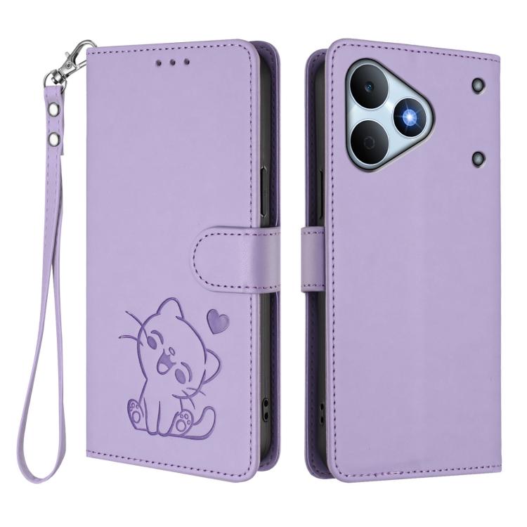 For Realme Note 80 4G Global Embossed Heart Cat Leather Phone Case with Hand Strap