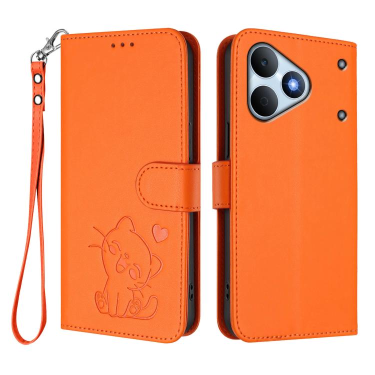 For Realme Note 80 4G Global Embossed Heart Cat Leather Phone Case with Hand Strap