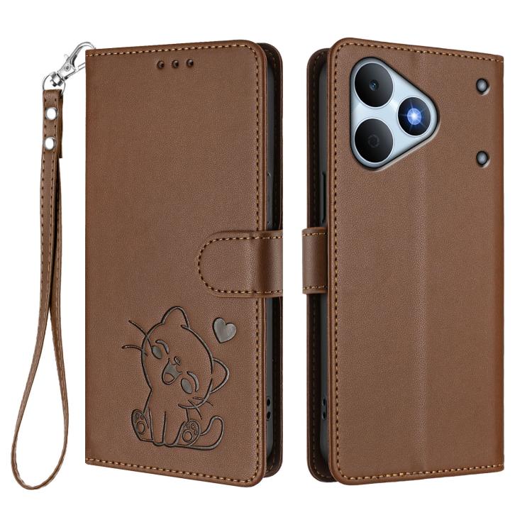 For Realme Note 80 4G Global Embossed Heart Cat Leather Phone Case with Hand Strap