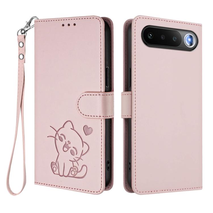 For Realme 16 5G Embossed Heart Cat Leather Phone Case with Hand Strap
