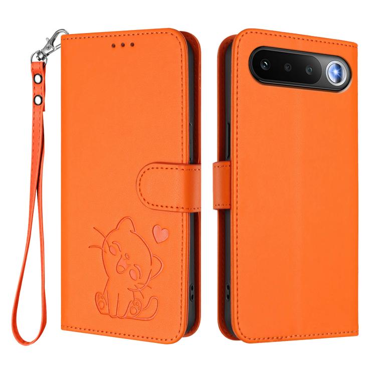 For Realme 16 5G Embossed Heart Cat Leather Phone Case with Hand Strap