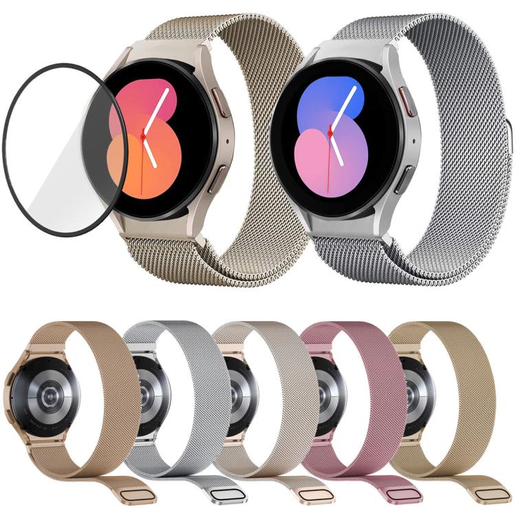 For Samsung Galaxy Watch5 44mm Milanese Magnetic Stainless Steel Watch Band with 3D Curved Film