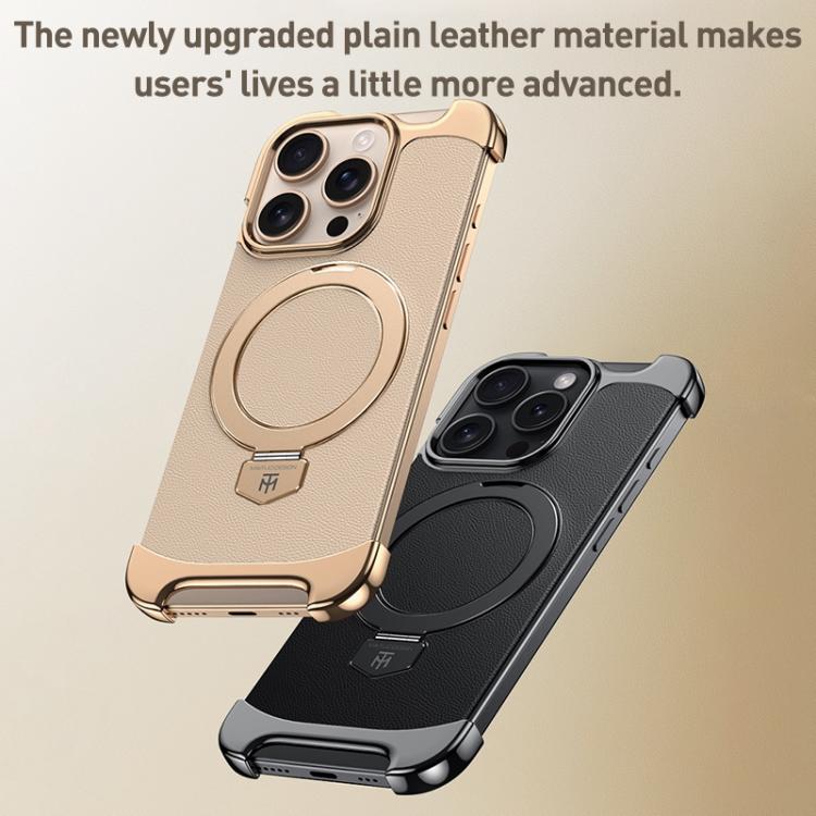 For iPhone 16 Pro Borderless MagSafe Ring Holder Plain Leather Phone Case