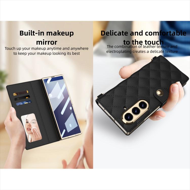 For Samsung Galaxy Z Fold7 5G GKK Integrated Plating Diamond Texture Leather Phone Case With Crossbody Chain - Matcha Green