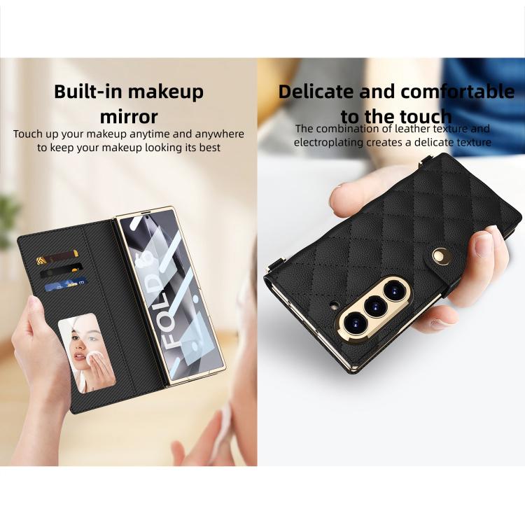 For Samsung Galaxy Z Fold6 5G GKK Integrated Plating Diamond Texture Leather Phone Case With Crossbody Chain