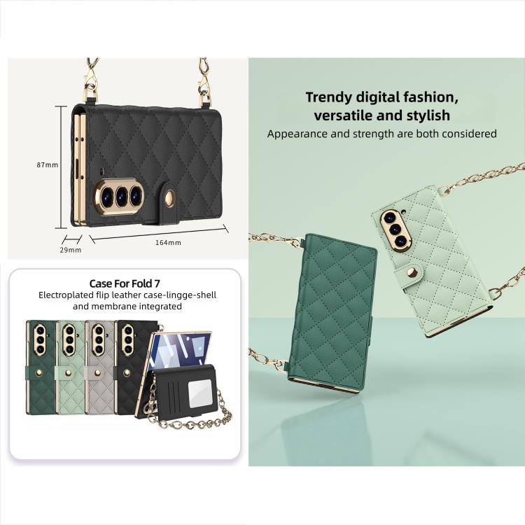 For Samsung Galaxy Z Fold6 5G GKK Integrated Plating Diamond Texture Leather Phone Case With Crossbody Chain - Matcha Green