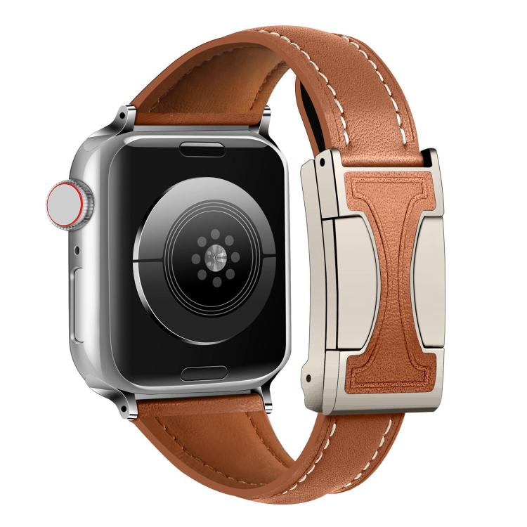 For Apple Watch 46mm / 49mm / 45mm / 44mm Magnetic Buckle Small Waist Plain Genuine Leather Watch Band
