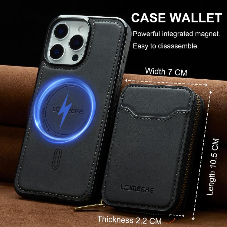 For iPhone 16 Pro Max LC.IMEEKE L6 Series Zipper Card Bag MagSafe Magnetic Phone Case