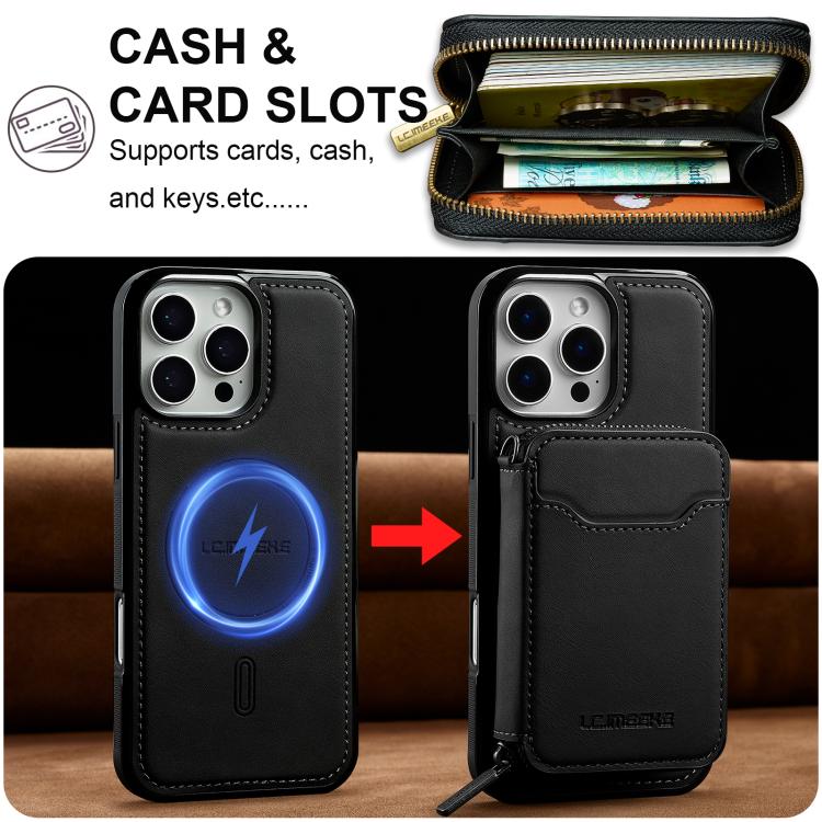 For iPhone 16 Pro Max LC.IMEEKE L6 Series Zipper Card Bag MagSafe Magnetic Phone Case