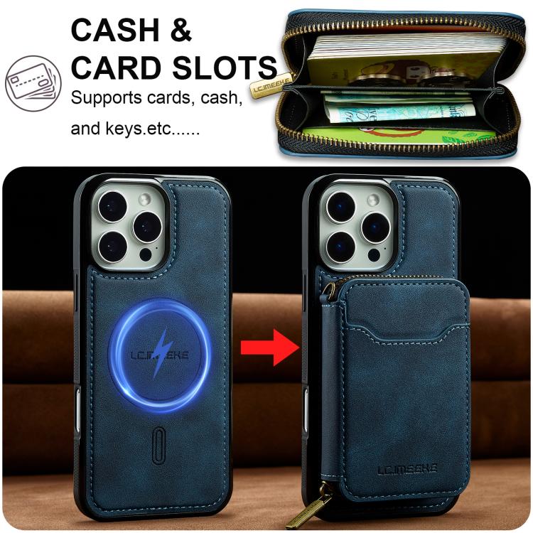 For iPhone 16 Pro Max LC.IMEEKE L6 Series Zipper Card Bag MagSafe Magnetic Phone Case
