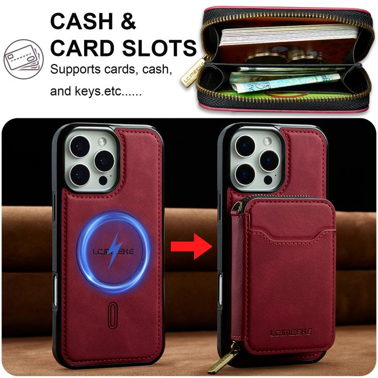 For iPhone 16 Pro Max LC.IMEEKE L6 Series Zipper Card Bag MagSafe Magnetic Phone Case