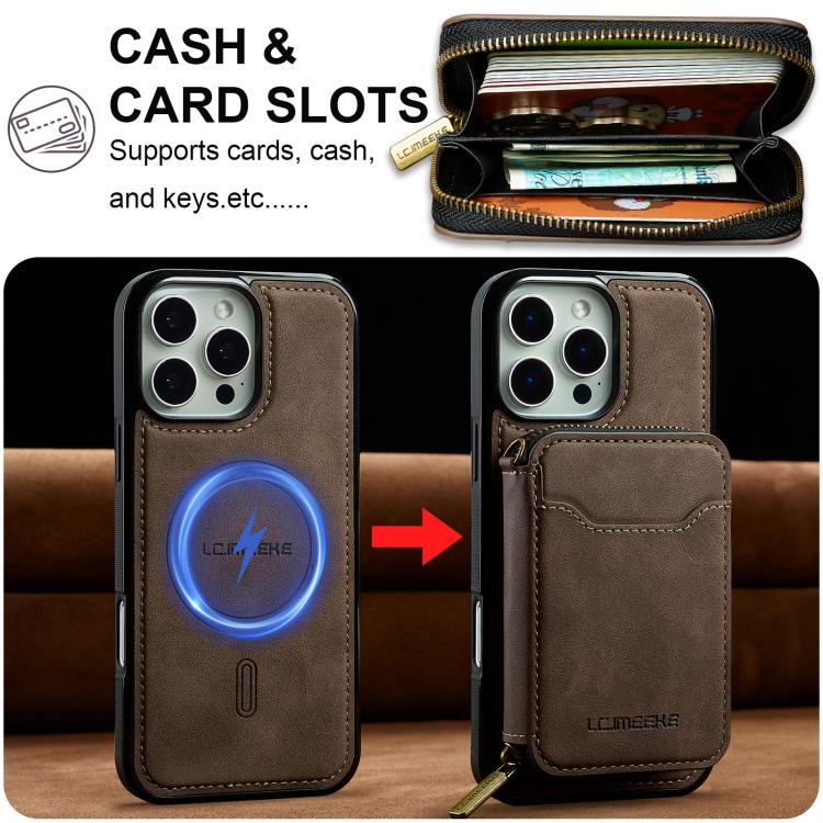 For iPhone 16 Pro Max LC.IMEEKE L6 Series Zipper Card Bag MagSafe Magnetic Phone Case
