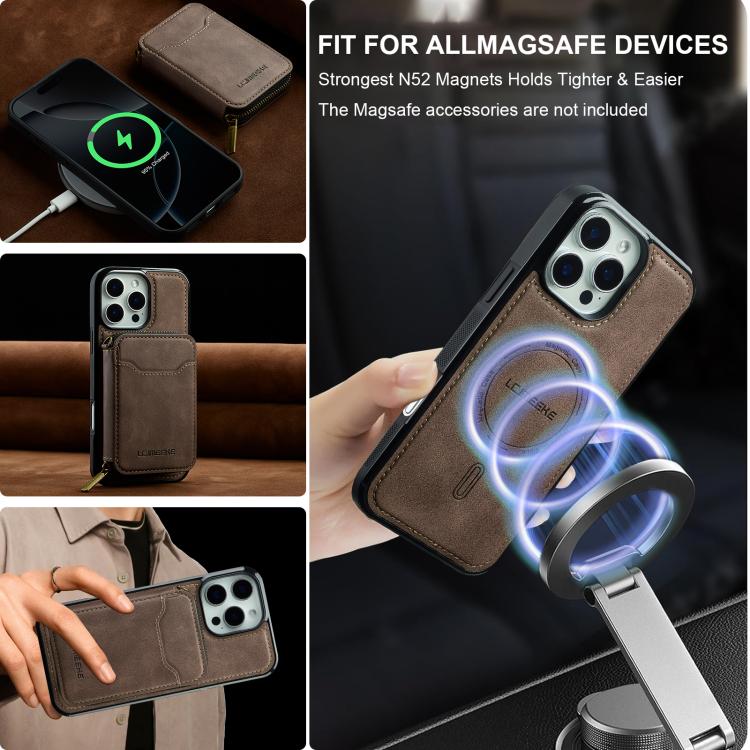 For iPhone 16 Pro Max LC.IMEEKE L6 Series Zipper Card Bag MagSafe Magnetic Phone Case