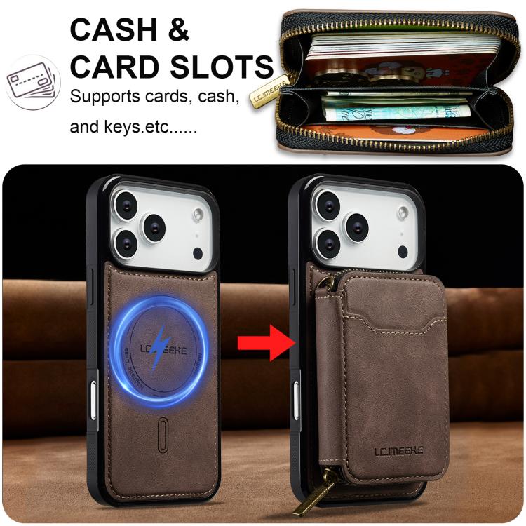 For iPhone 17 Pro LC.IMEEKE L6 Series Zipper Card Bag MagSafe Magnetic Phone Case