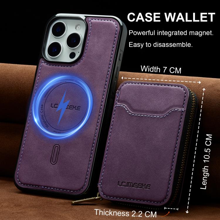 For iPhone 15 Pro Max LC.IMEEKE L6 Series Zipper Card Bag MagSafe Magnetic Phone Case
