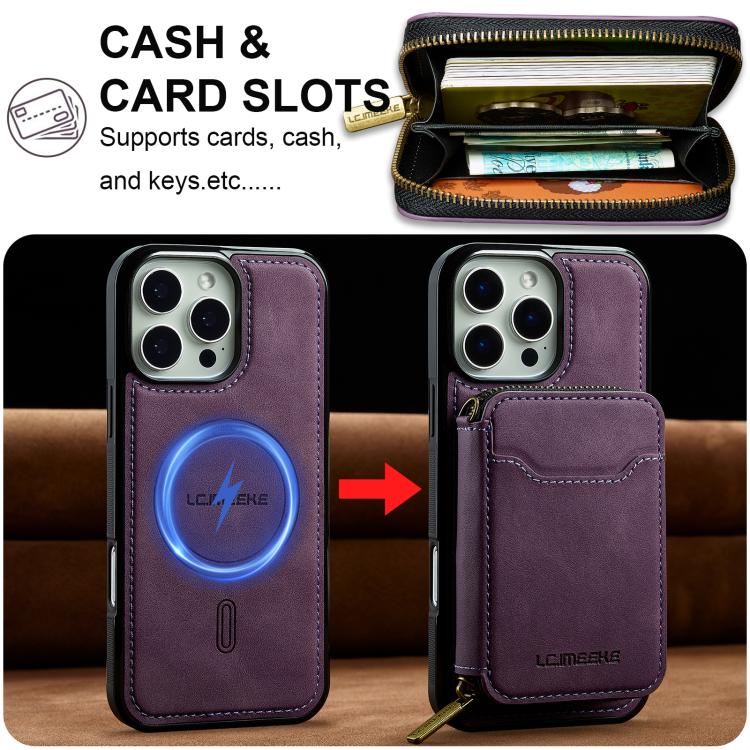 For iPhone 15 Pro Max LC.IMEEKE L6 Series Zipper Card Bag MagSafe Magnetic Phone Case