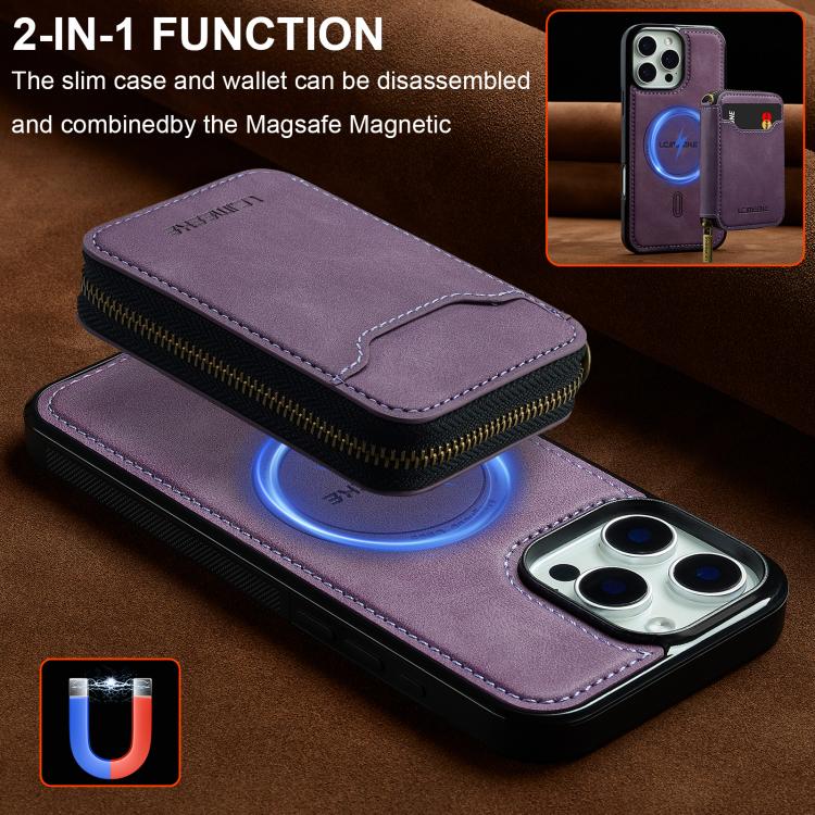 For iPhone 15 Pro Max LC.IMEEKE L6 Series Zipper Card Bag MagSafe Magnetic Phone Case