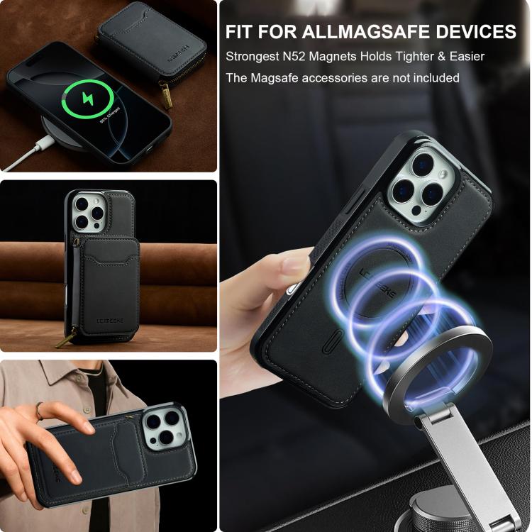For iPhone 15 Pro Max LC.IMEEKE L6 Series Zipper Card Bag MagSafe Magnetic Phone Case